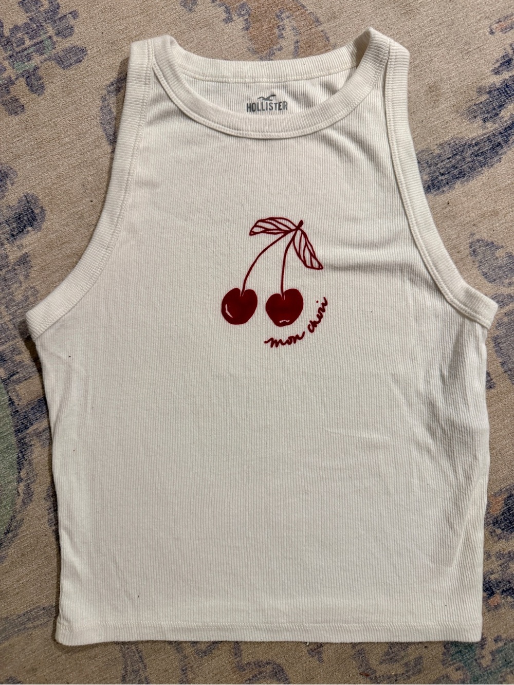 Hollister white Ribbed Tank with Red Cherry Graphic